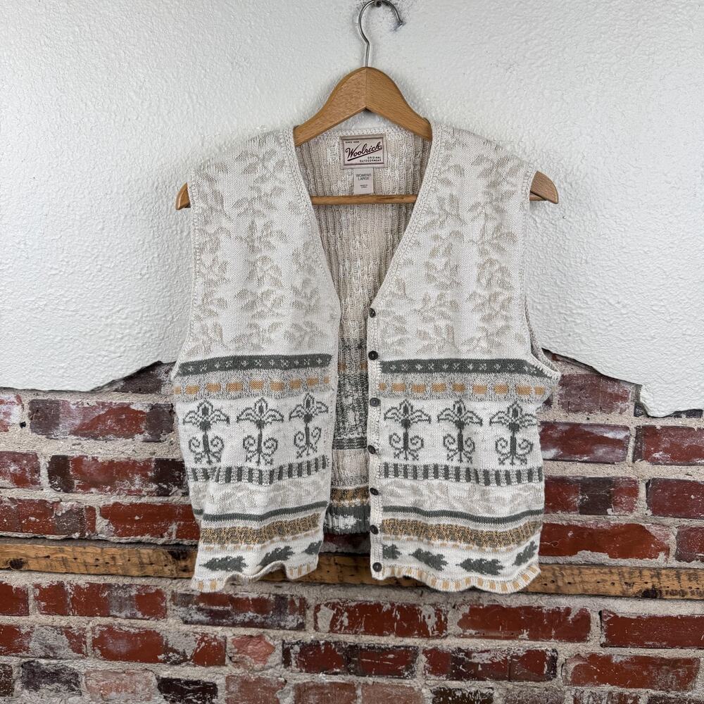 Vintage Woolrich Sweater Vest Womens Large Cream Knit Button Front Fleur De Lis